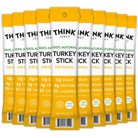 Think Jerky turkey sticks pack shot shows a portable high-protein snack.