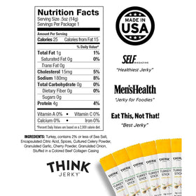 Think Jerky turkey sticks texture close-up highlights savory, tender detail.