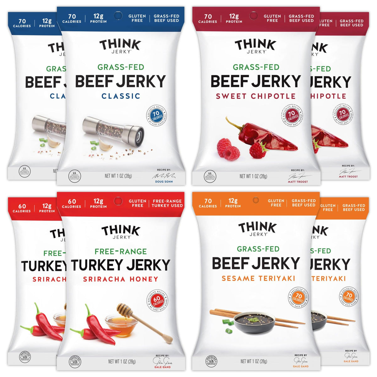 Think Jerky variety-pack front view with eight 1oz bags for on-the-go snacking