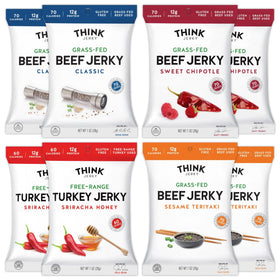 Think Jerky variety-pack front view with eight 1oz bags for on-the-go snacking