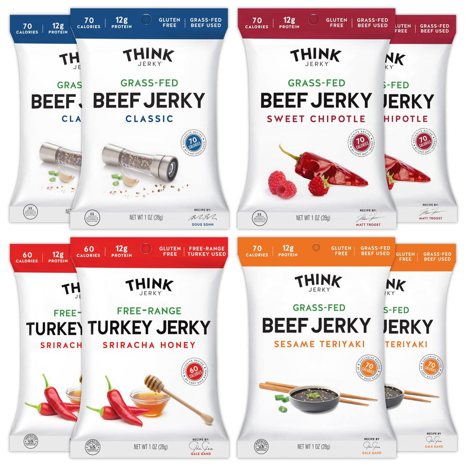Think Jerky variety-pack front view with eight 1oz bags for on-the-go snacking