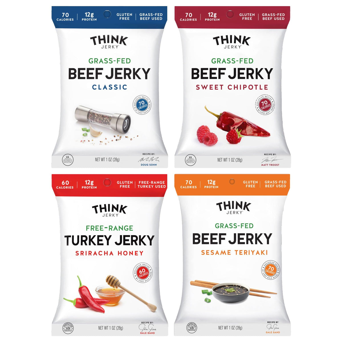 Think Jerky variety-pack bags shown for active days and protein-rich snacking.