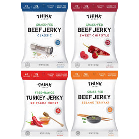 Think Jerky variety-pack bags shown for active days and protein-rich snacking.