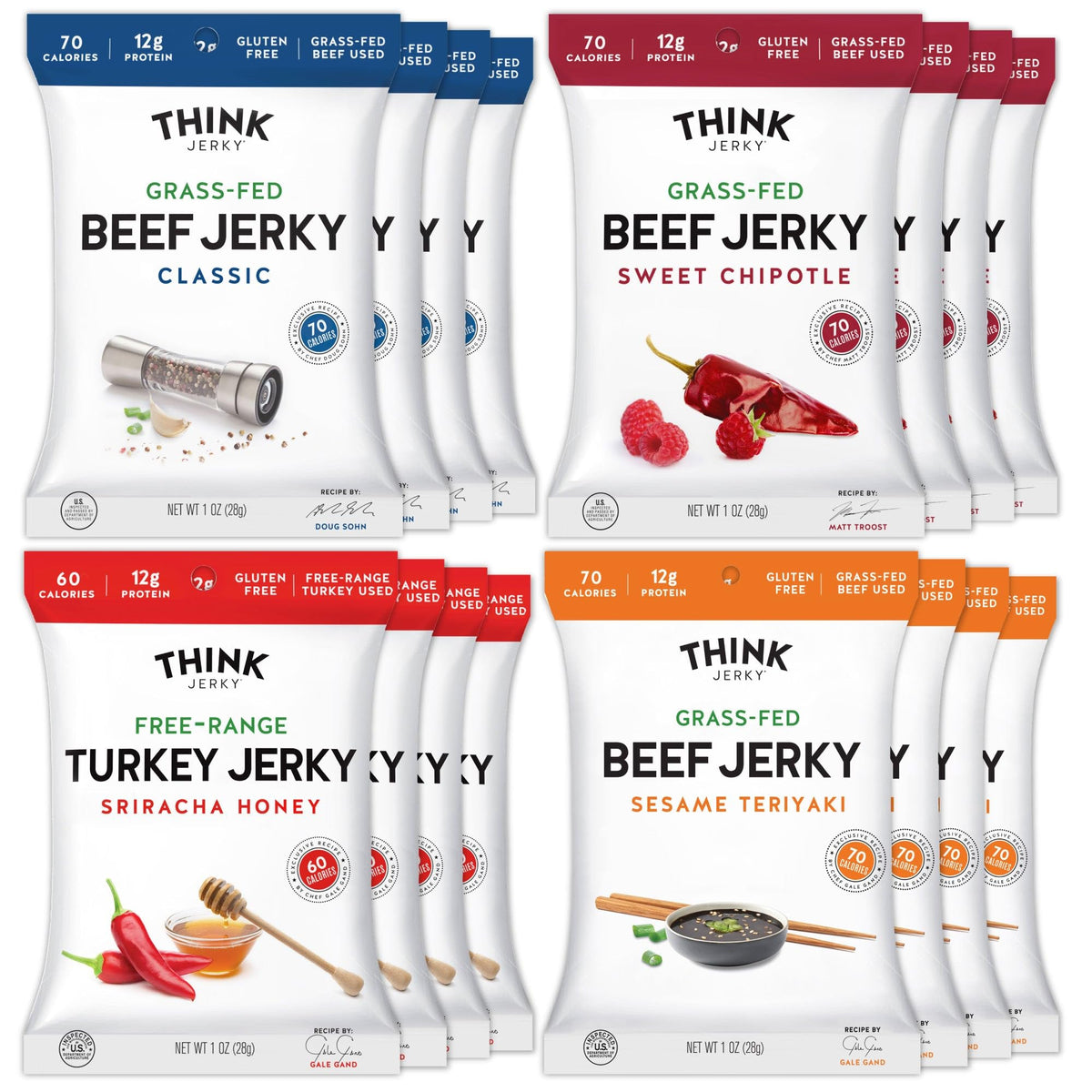Think Jerky variety pack bags show high-protein snack for active lifestyles.