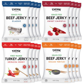 Think Jerky variety pack bags show high-protein snack for active lifestyles.