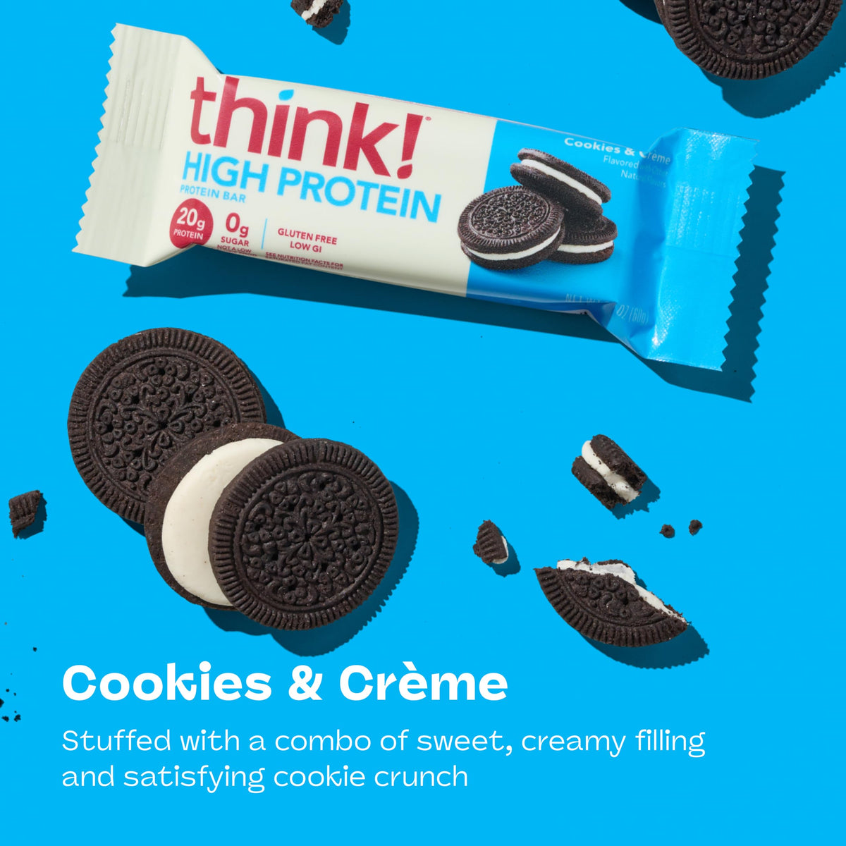 Think! Cookies and Créme bar close-up reveals creamy milk flavor with cookie crunch.