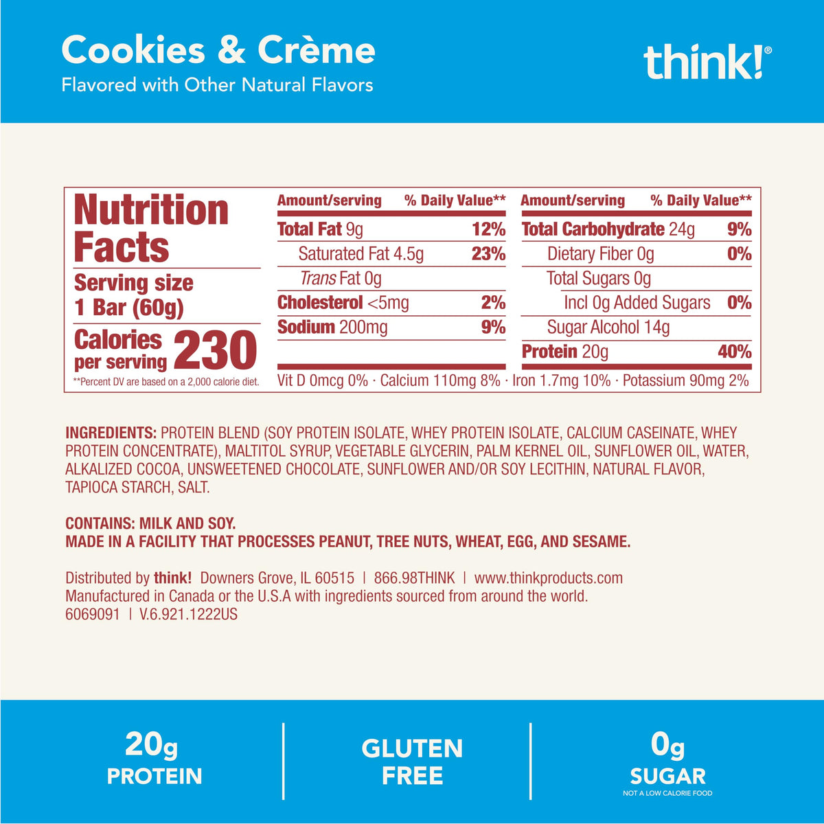 Think! Cookies and Créme nutrition facts panel shows 20g protein.