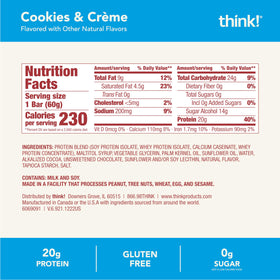 Think! Cookies and Créme nutrition facts panel shows 20g protein.