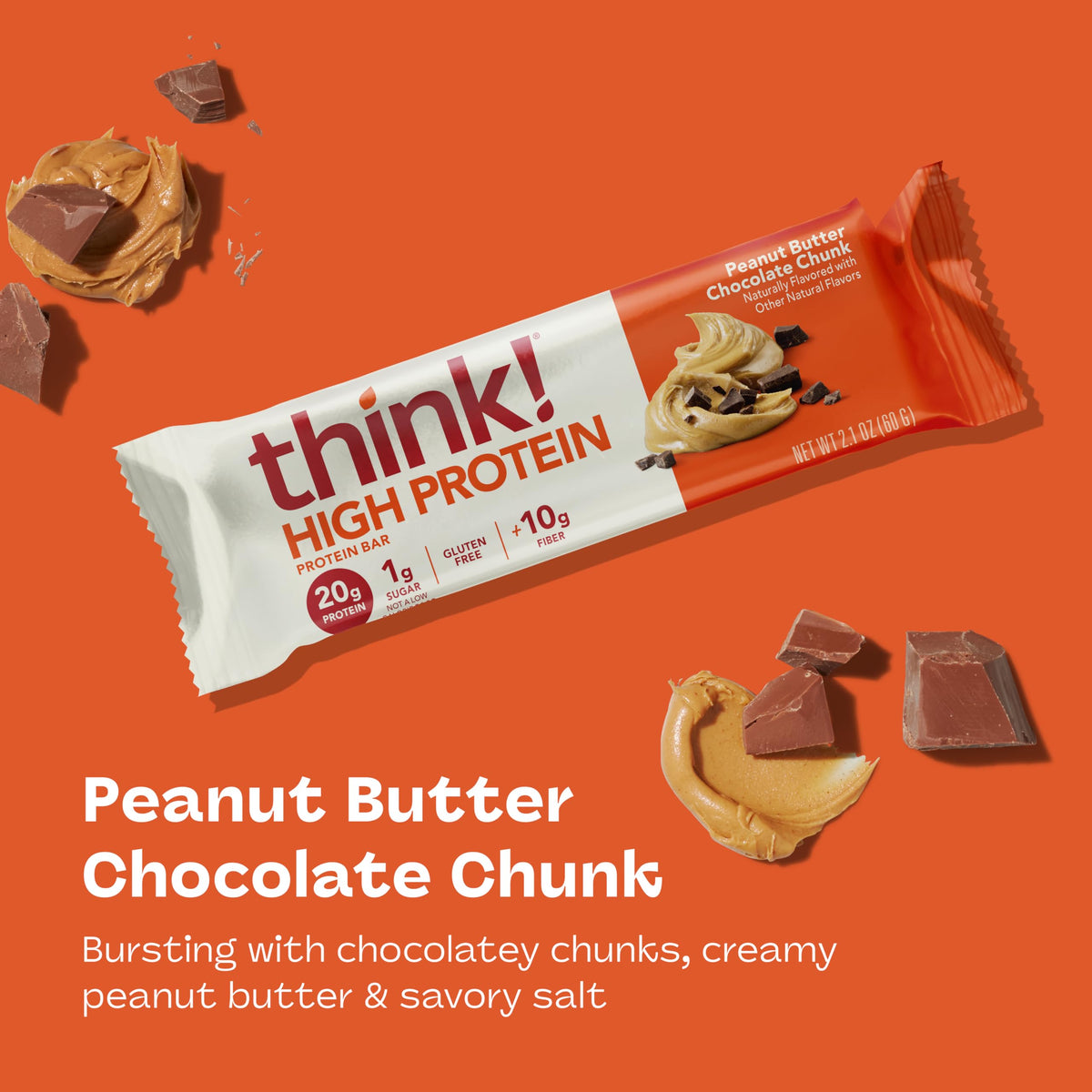 Think! peanut butter chocolate chunk bar shows chewy texture with chocolate chunks.