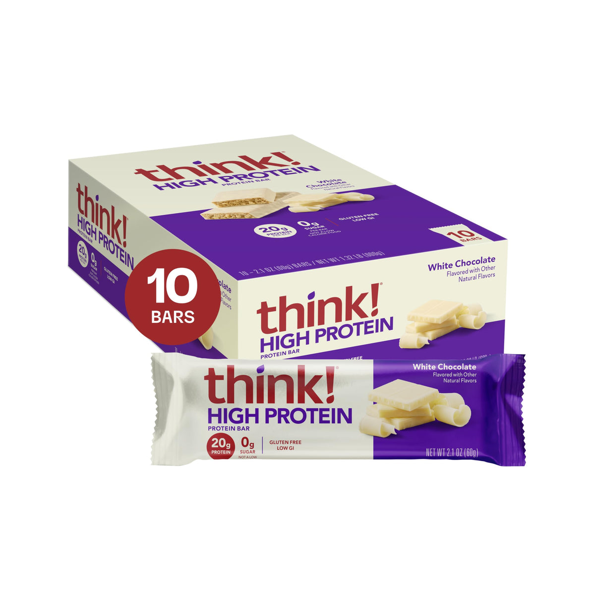 Think! White Chocolate protein bar front view, high protein snack for steady energy