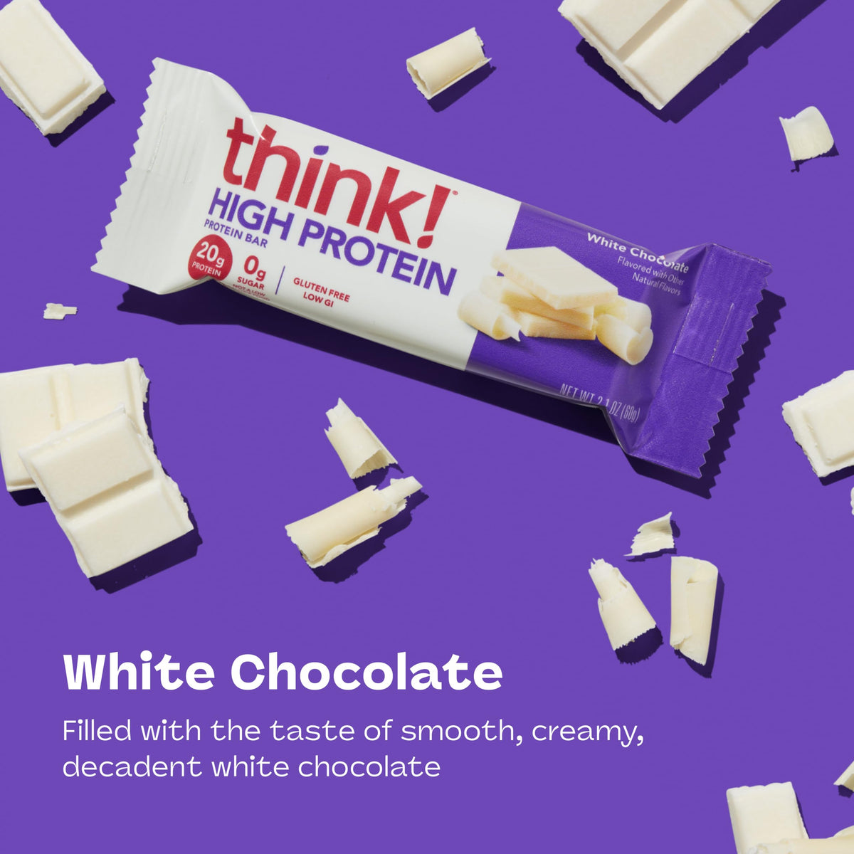 Think! White Chocolate bar nutrition facts panel close-up showing 20 g protein