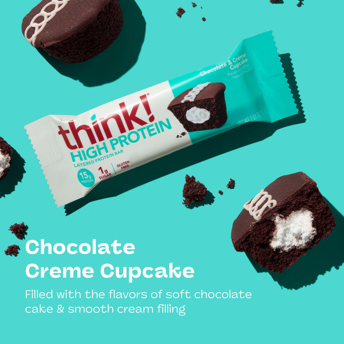Think! Protein bar chocolate creme cupcake bar shown whole with dessert-inspired appeal