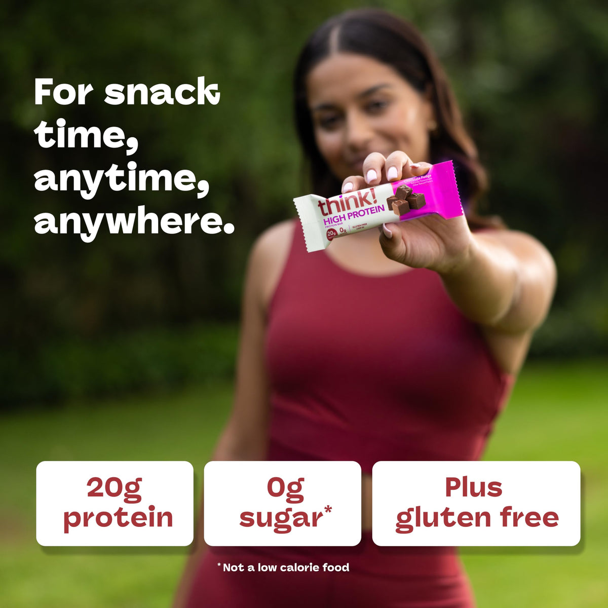 Nutrition panel of Think! Chocolate Fudge bar showing 20g protein per bar.