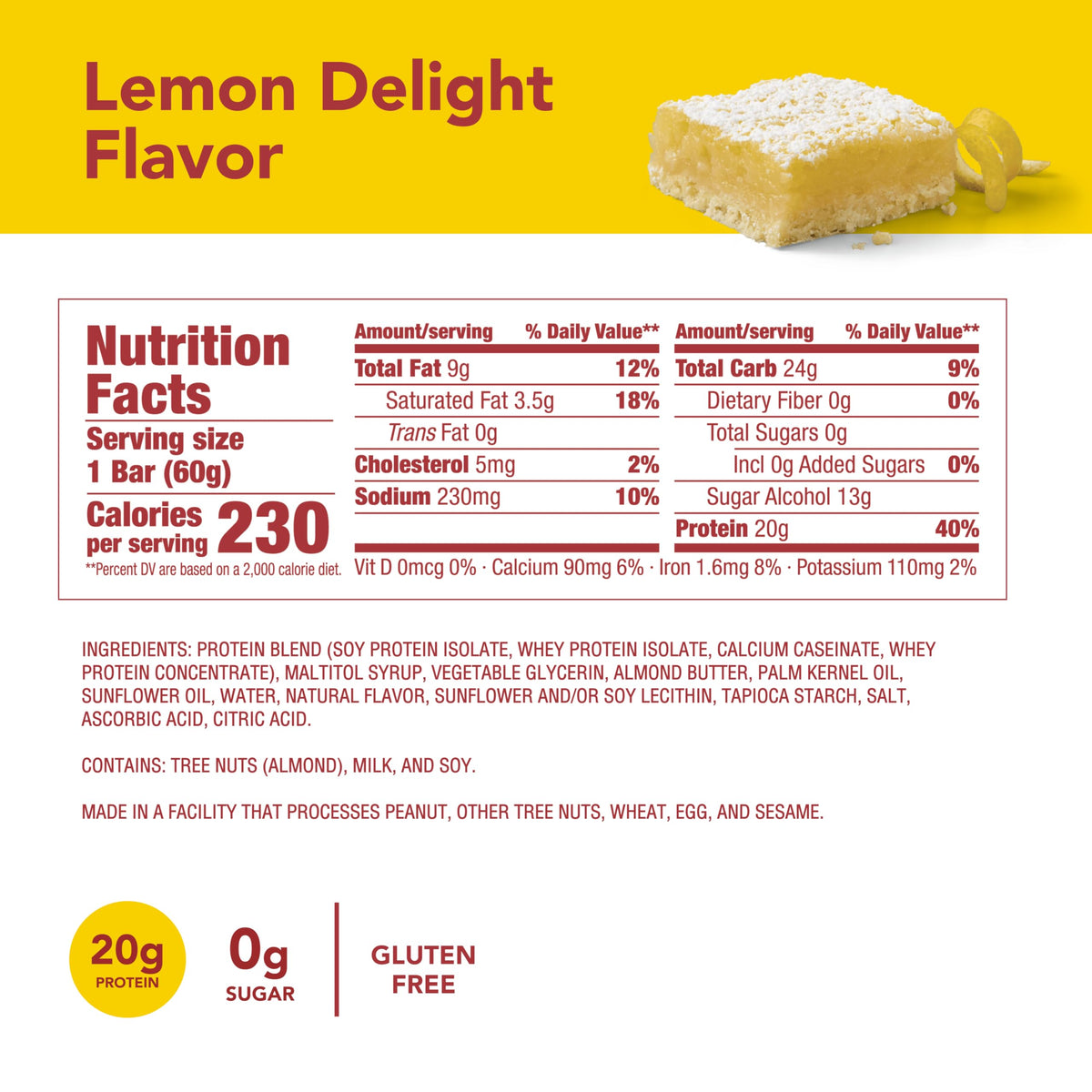 Think! Lemon Delight nutrition facts emphasize 20 g protein per bar.