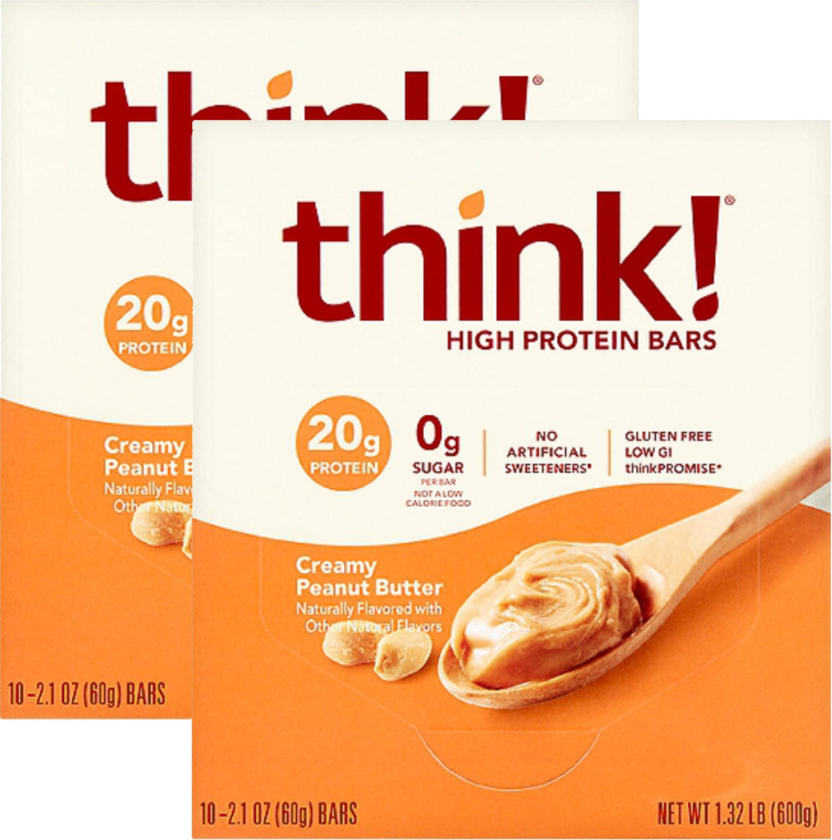 Think Thin 20-pack box of 10 creamy peanut butter bars for convenient protein on the go.