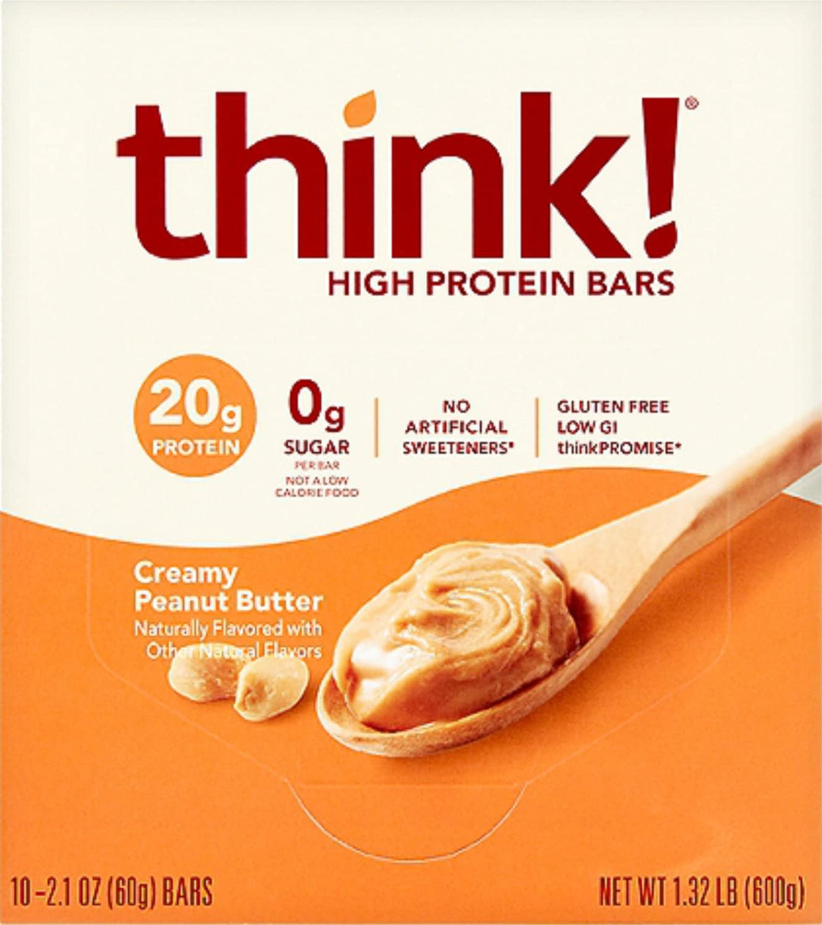 Think Thin 20-pack packaging shows gluten-free, low-sugar profile for everyday snacking.