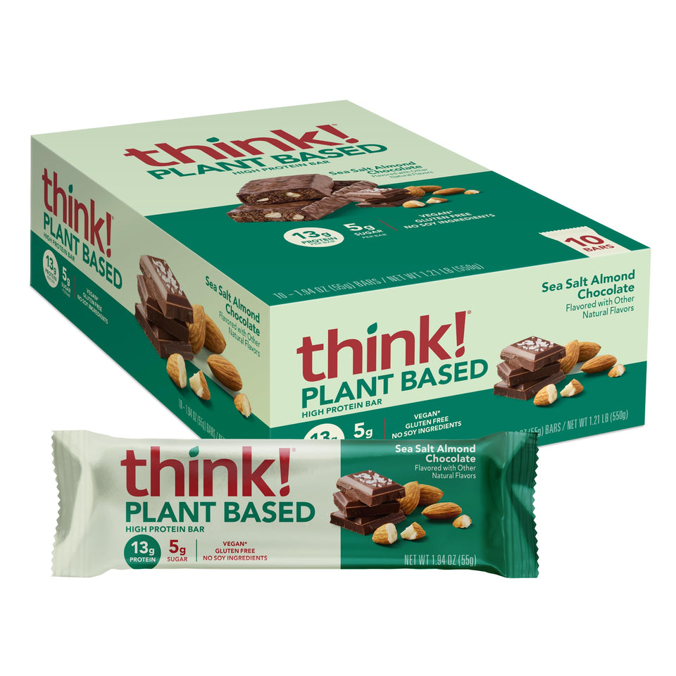 Think! vegan sea salt almond chocolate bar packaging, ideal for on the go protein