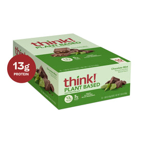 think! vegan protein bar chocolate mint close-up highlighting mint and dark chocolate.