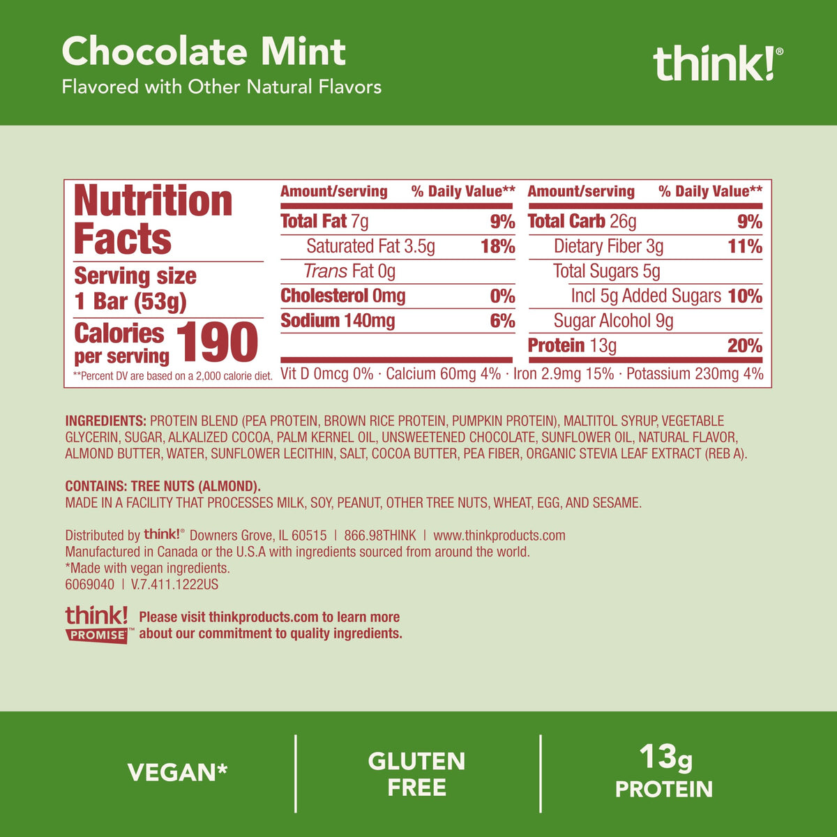 think! vegan protein bar packaging shows a 10 count display.