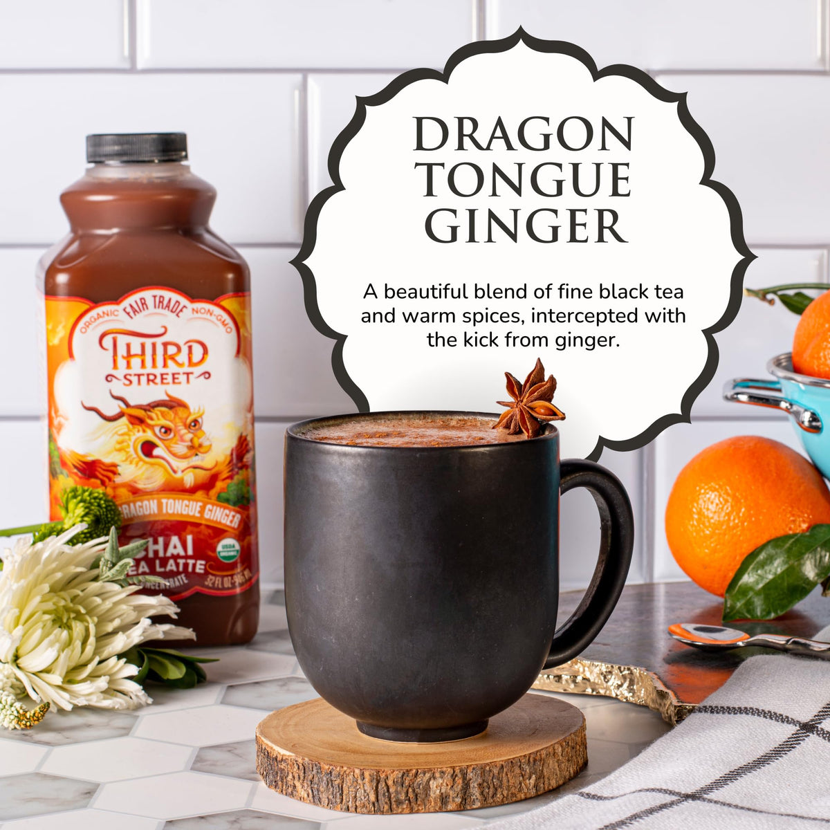 Close-up of Third Street Chai Dragon Tongue Ginger label on 32oz bottle