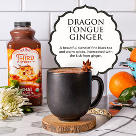 Close-up of Third Street Chai Dragon Tongue Ginger label on 32oz bottle