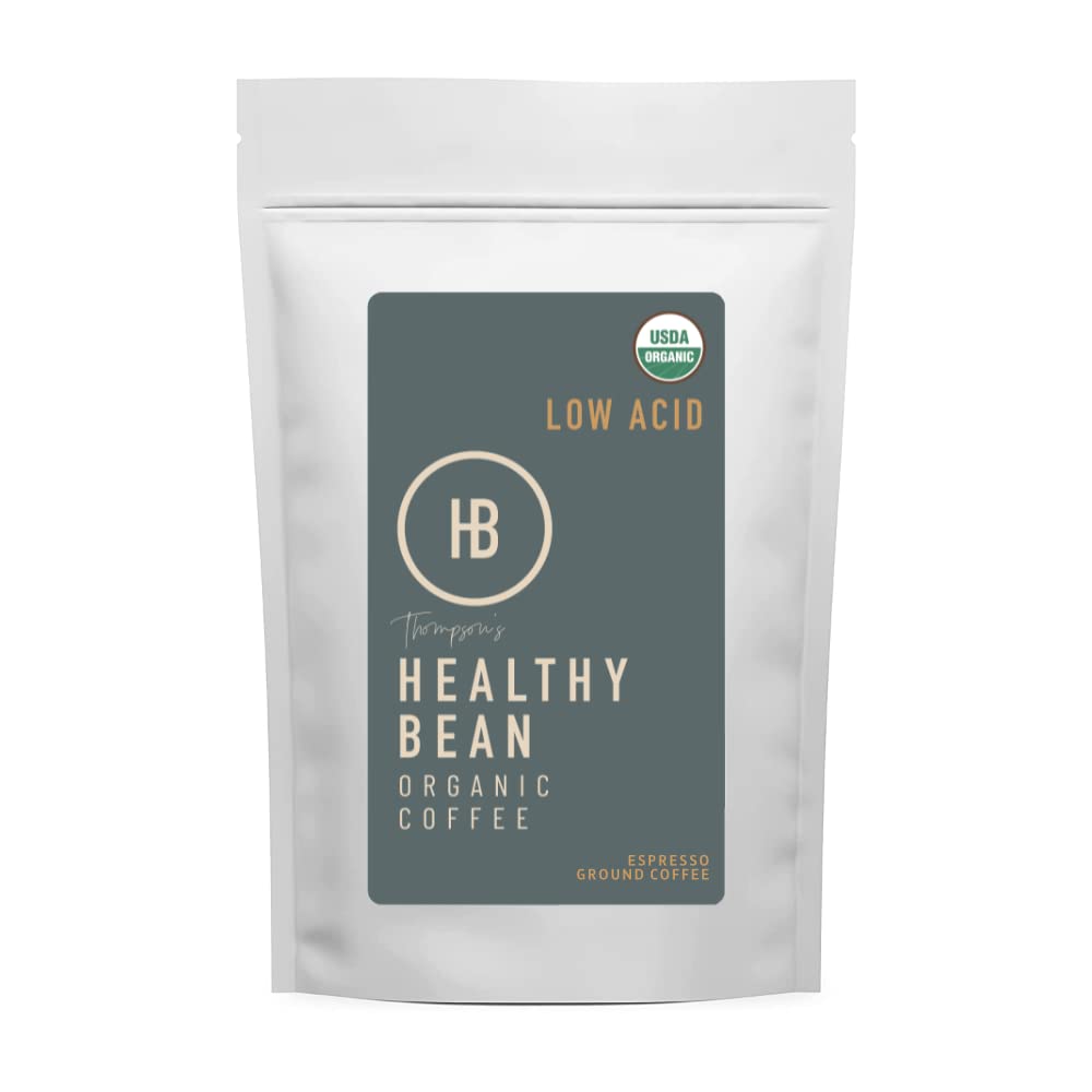 Thompson's Healthy Bean espresso bag hero shows organic, low acid coffee ideal for sensitive stomachs.