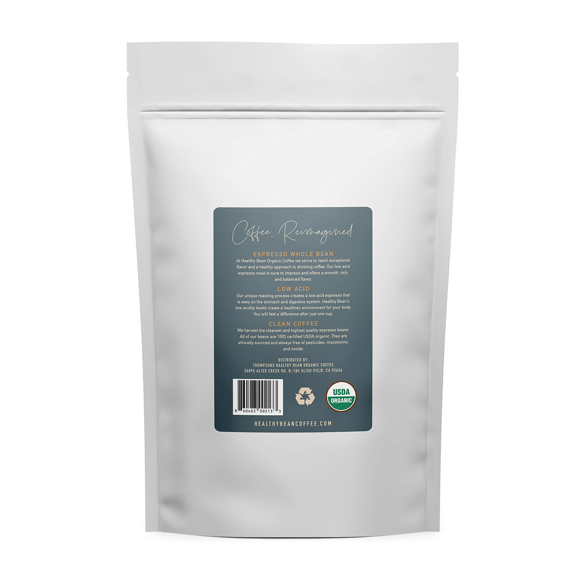 Thompson's Healthy Bean Espresso bag label showing USDA Organic certification.