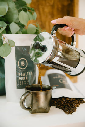 Thompson's Healthy Bean Espresso dark roast beans for bold taste with gentle acidity.