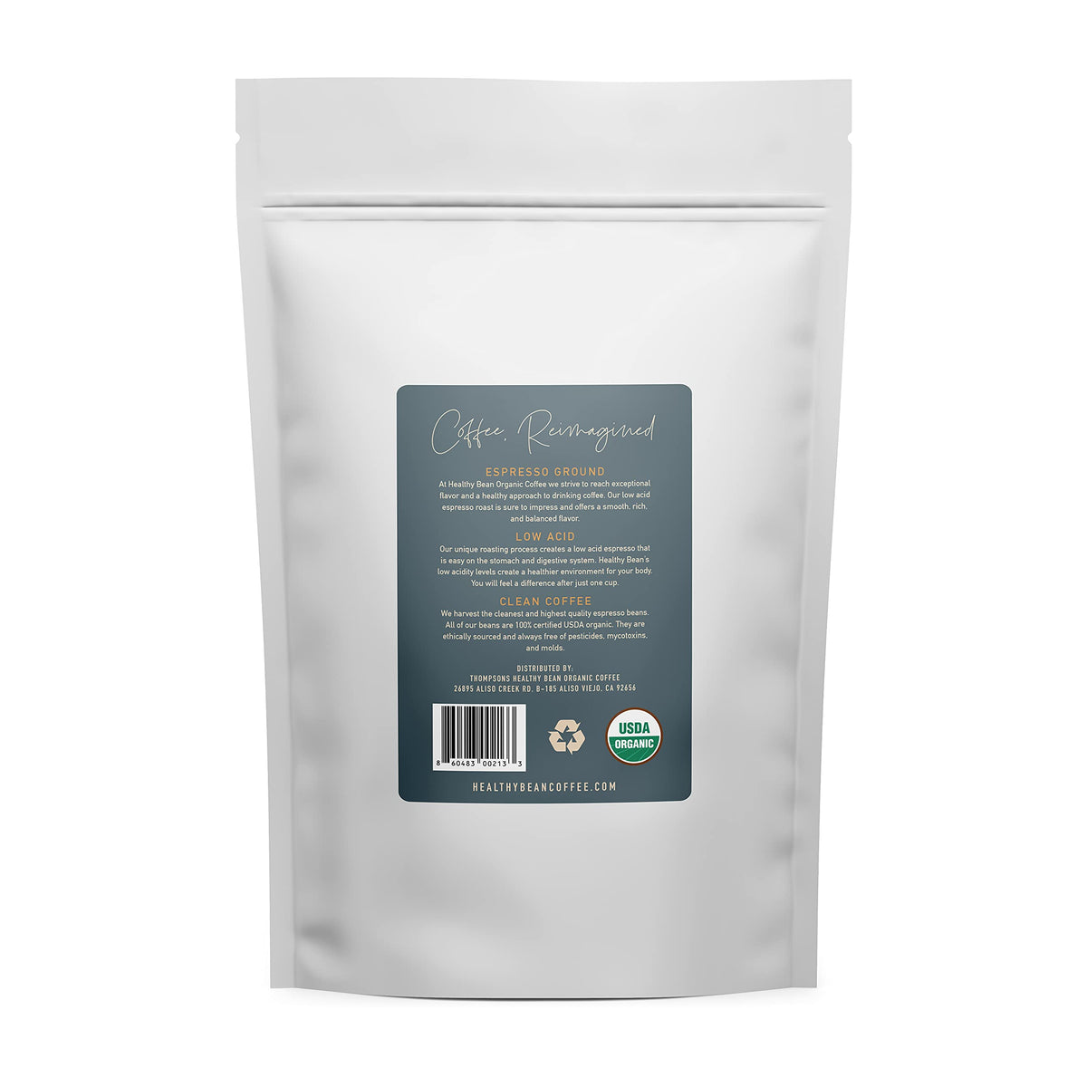 Thompson's Healthy Bean espresso grounds pour highlights rich dark roast aroma and bold flavor.