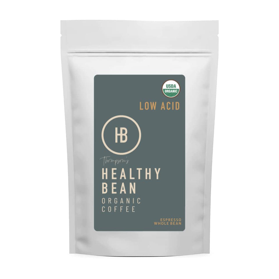 Thompson's Healthy Bean Espresso whole beans for low-acid brewing and smooth flavor.