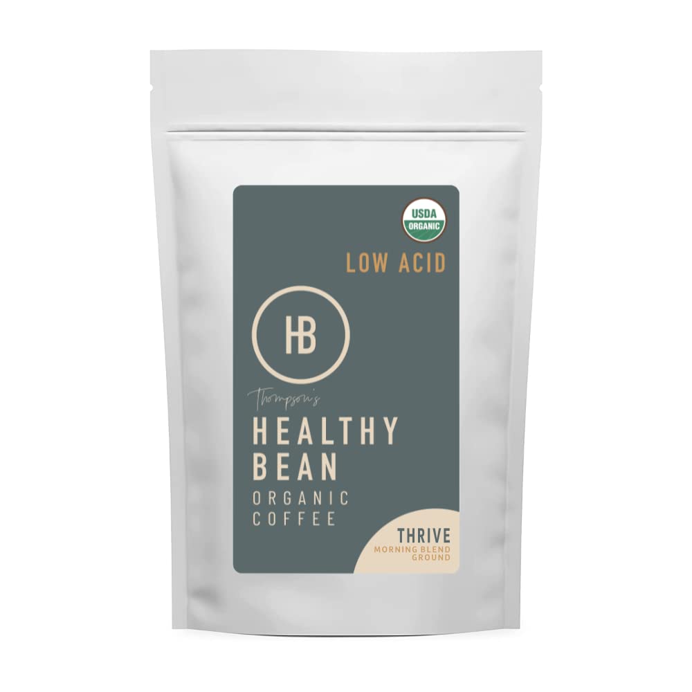 Thompson's Healthy Bean Thrive packshot shows organic coffee with low acidity for sensitive stomachs.
