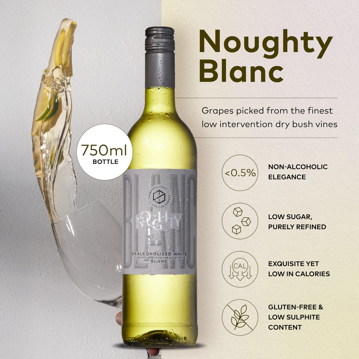 Pouring Thomson & Scott Noughty Blanc to reveal aroma-forward notes.