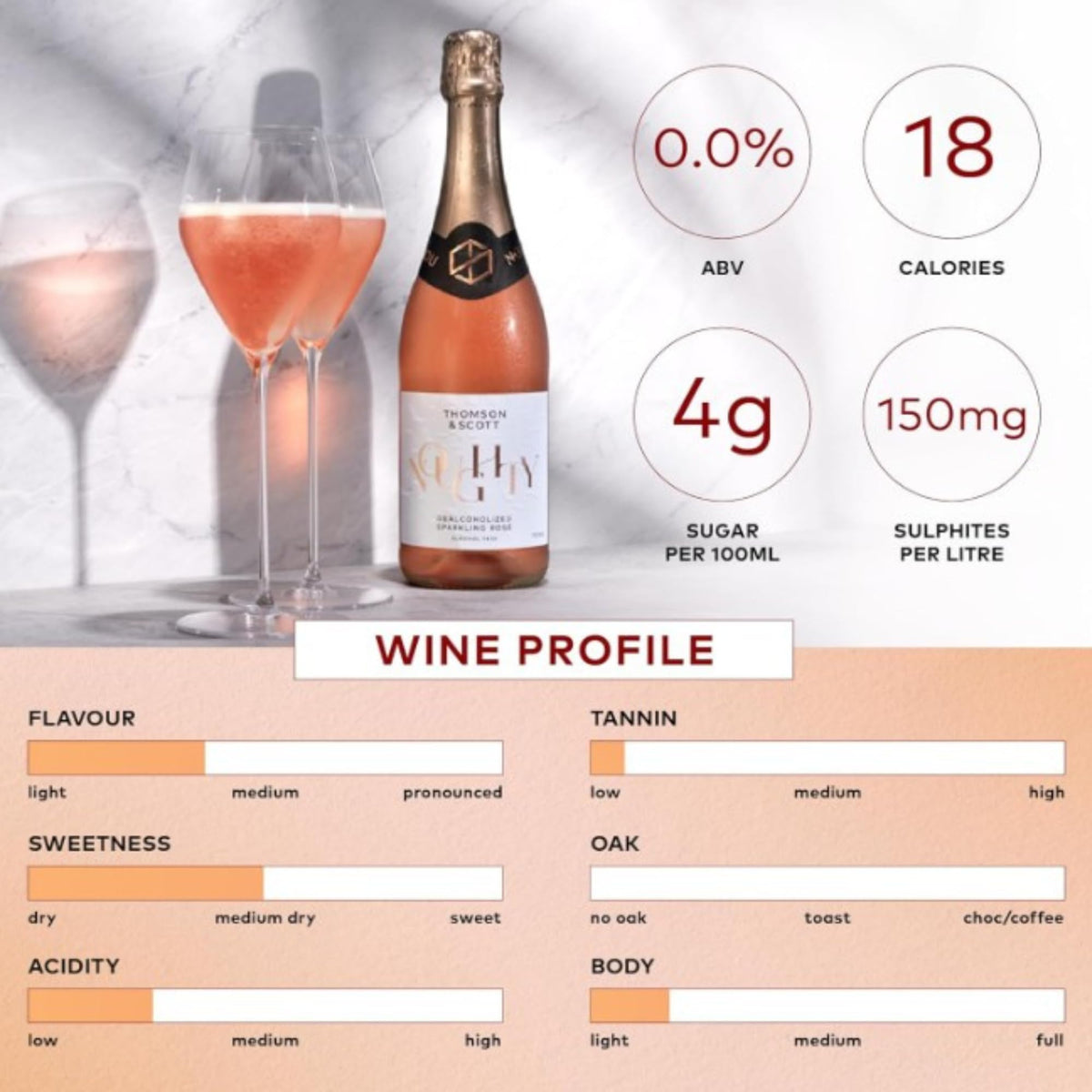 Thomson and Scott Noughty Chardonnay bottle, organic and alcohol-free sparkling wine.