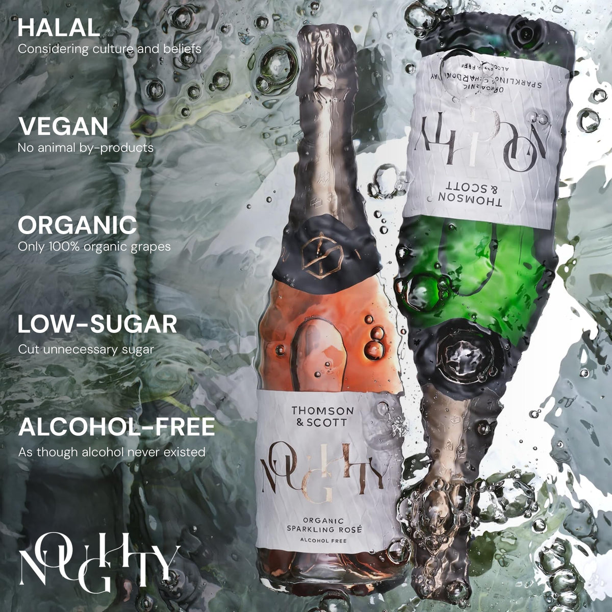 Thomson and Scott Noughty Rosé glass pour, crisp aroma and light sweetness for sipping.