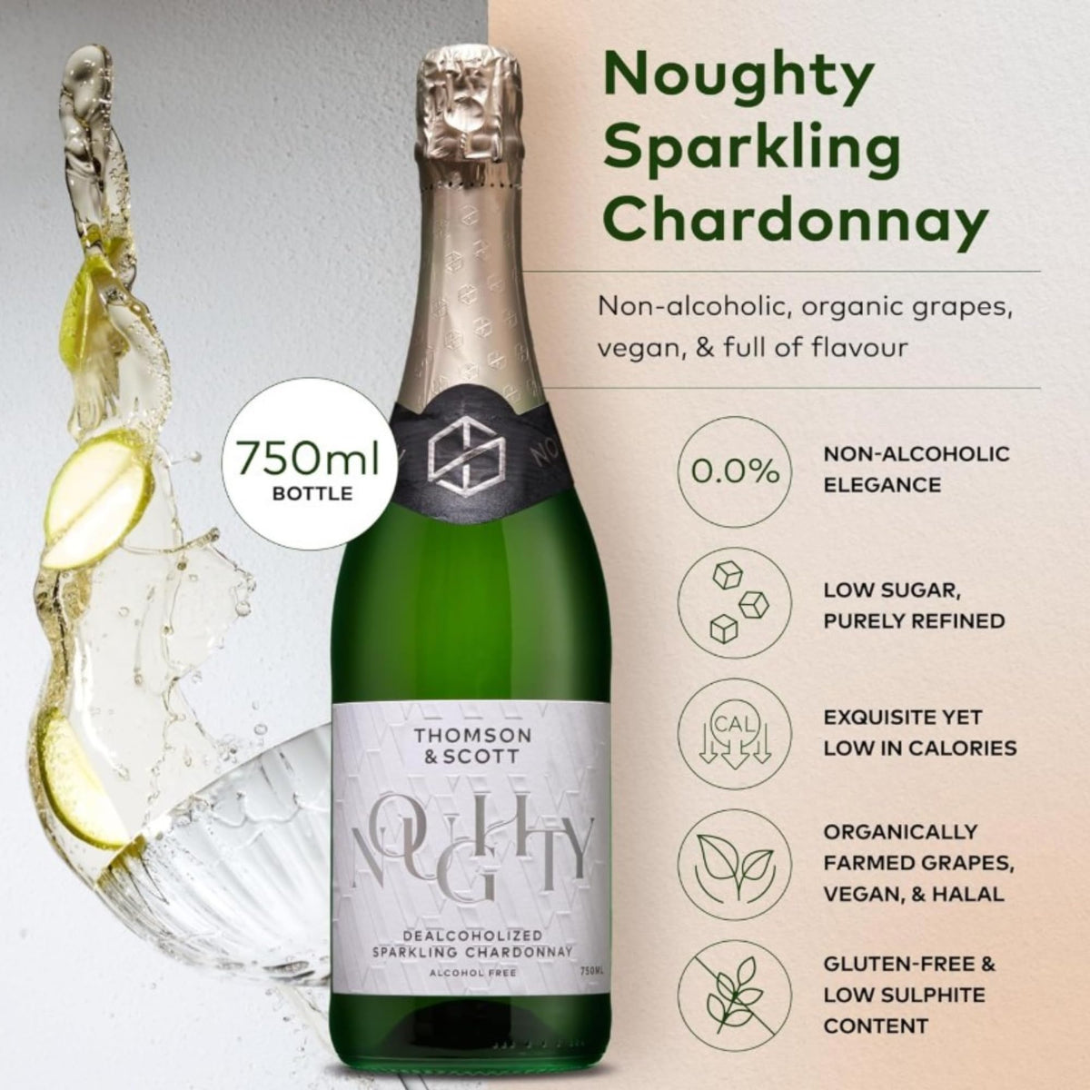 Pouring Thomson & Scott Noughty into a flute, highlighting crisp finish.