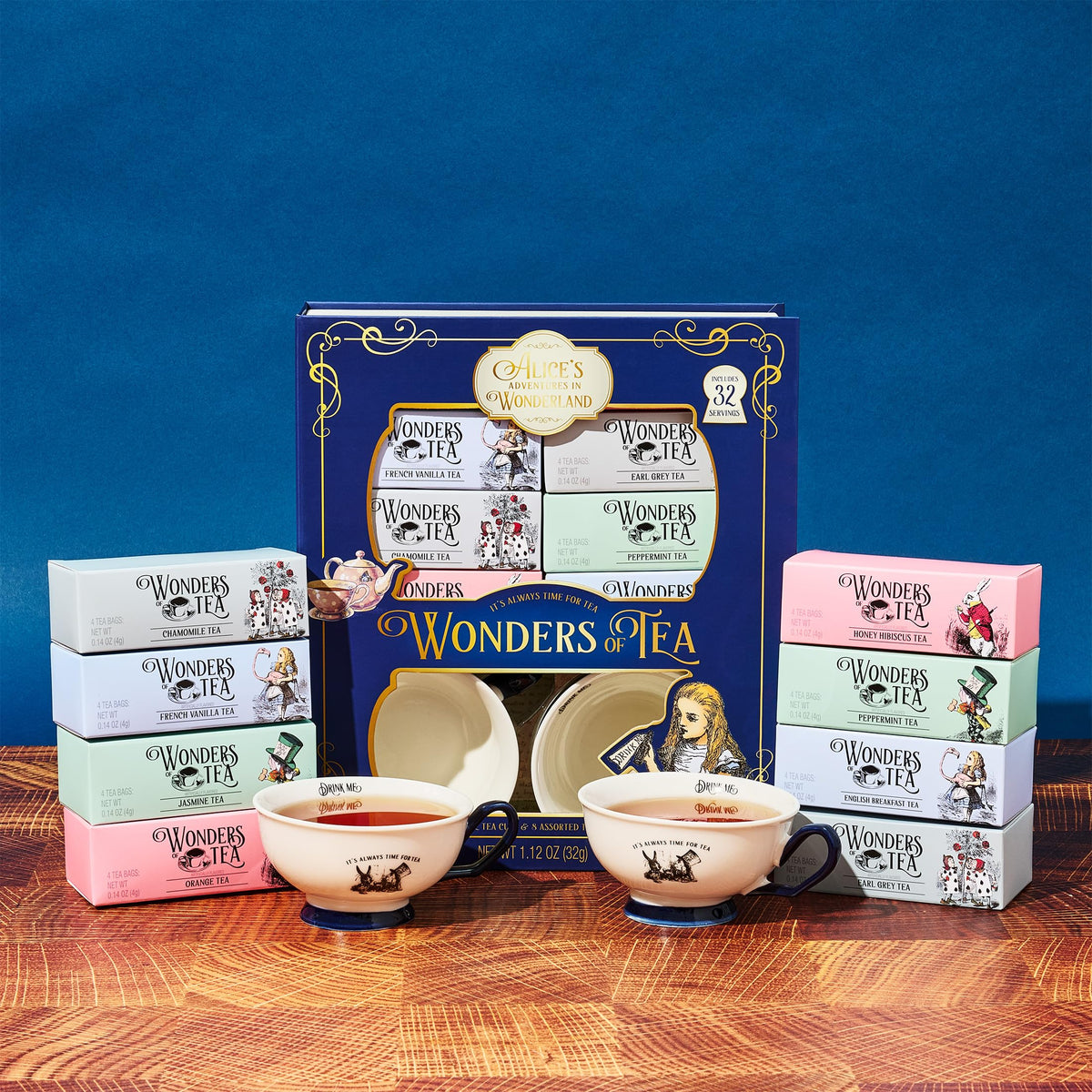 Thoughtfully Alice’s Adventures Illustrated teacups, storytelling charm at tea time.