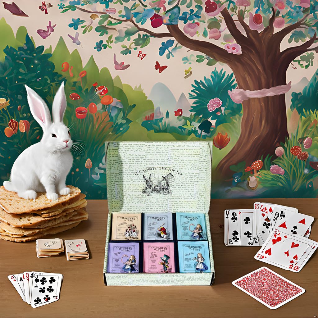 Thoughtfully Alice's Adventures tea bags closeup, convenient caffeine boost for tea lovers
