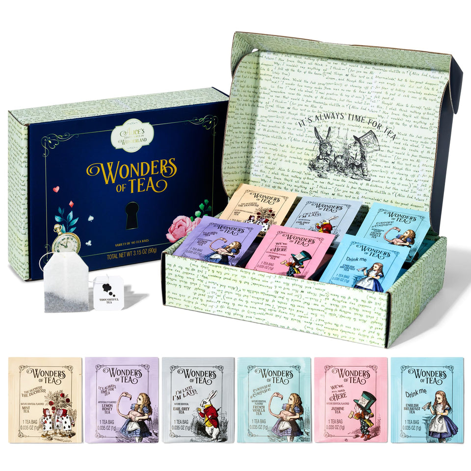 Thoughtfully Alice's Adventures tea gift set box, ideal for gifting to literature lovers