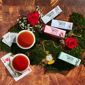 Thoughtfully Alice’s Adventures Tea Gift Set eight flavors display of tea bags for tasting.