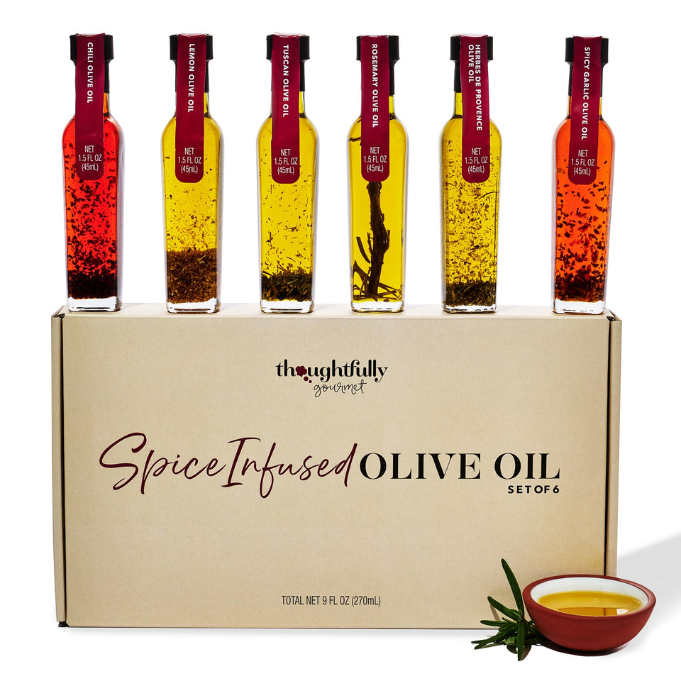 Thoughtfully Gourmet chili olive oil bottle boosts bold flavors in cooking.