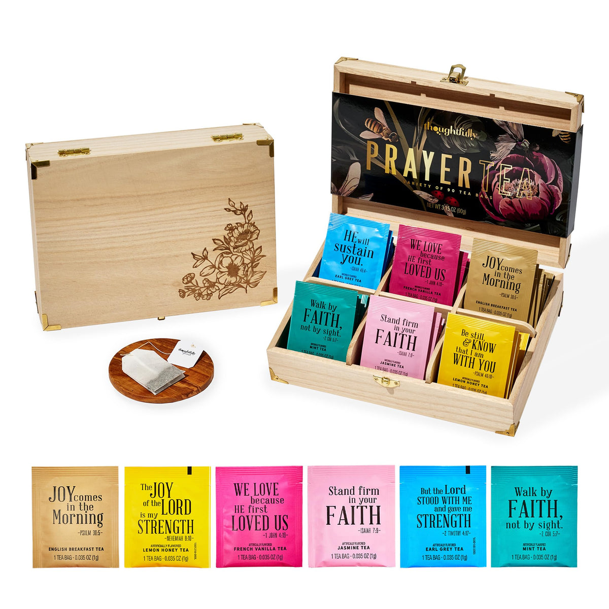 Thoughtfully Gourmet wooden tea gift box displaying six flavors for gifting.