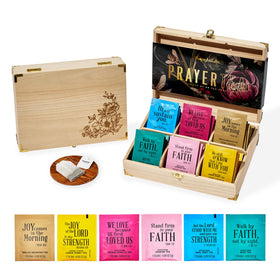 Thoughtfully Gourmet wooden tea gift box displaying six flavors for gifting.