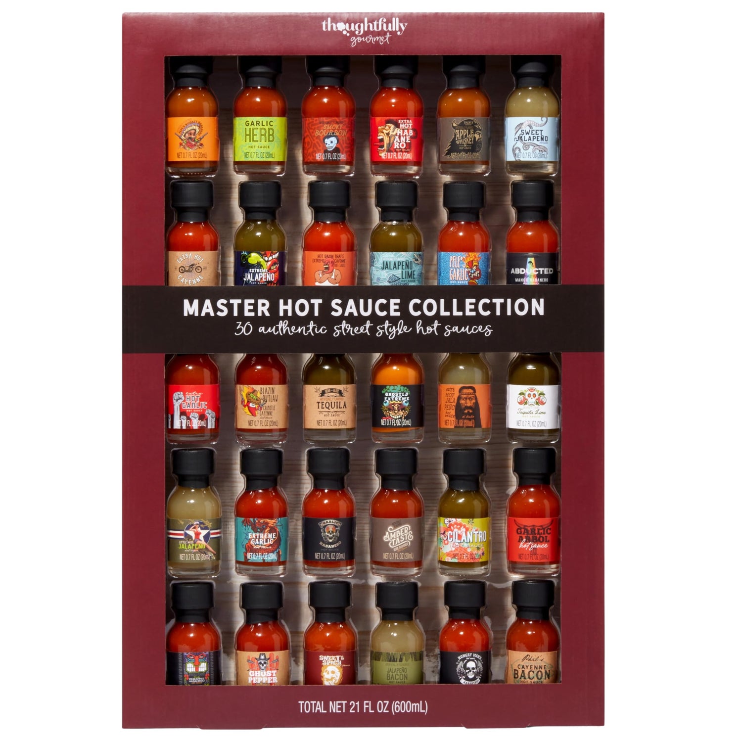 Thoughtfully Gourmet hot sauce sampler front view with 30 mini bottles