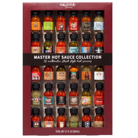 Thoughtfully Gourmet hot sauce sampler front view with 30 mini bottles