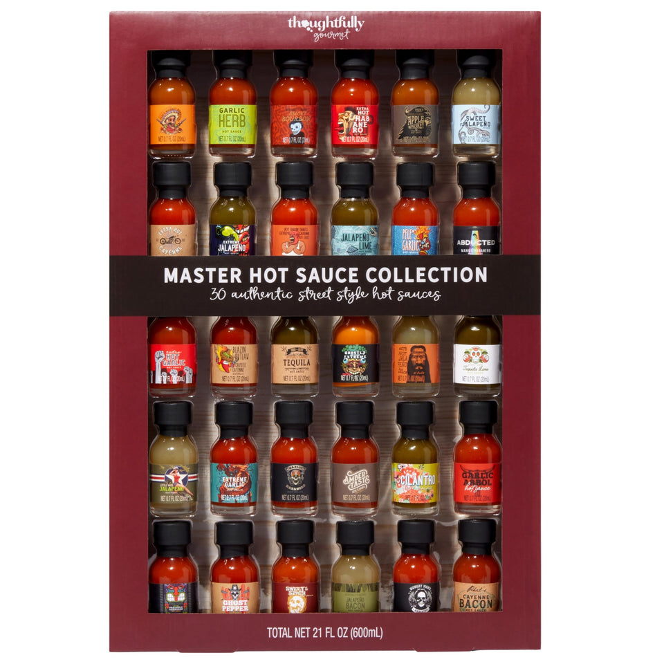 Thoughtfully Gourmet hot sauce sampler front view with 30 mini bottles
