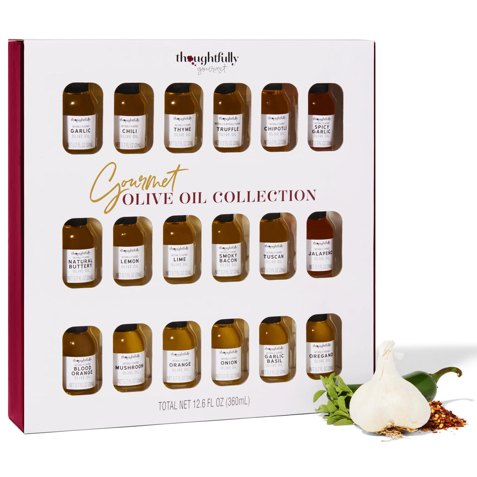 Thoughtfully gourmet olive oil sampler bottles on a wooden board for gift presentation