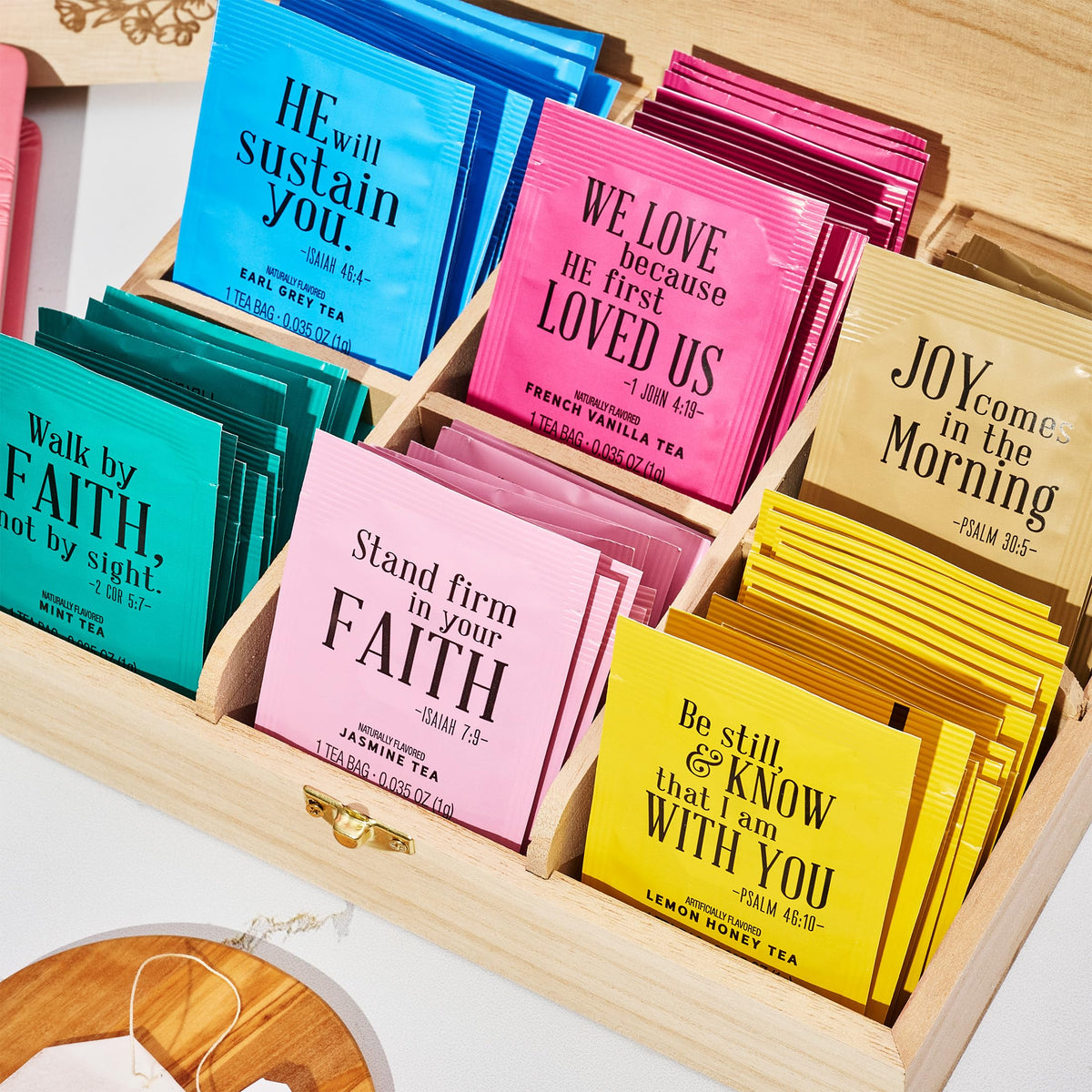Thoughtfully Gourmet premium wooden box open, showcasing the six flavors.