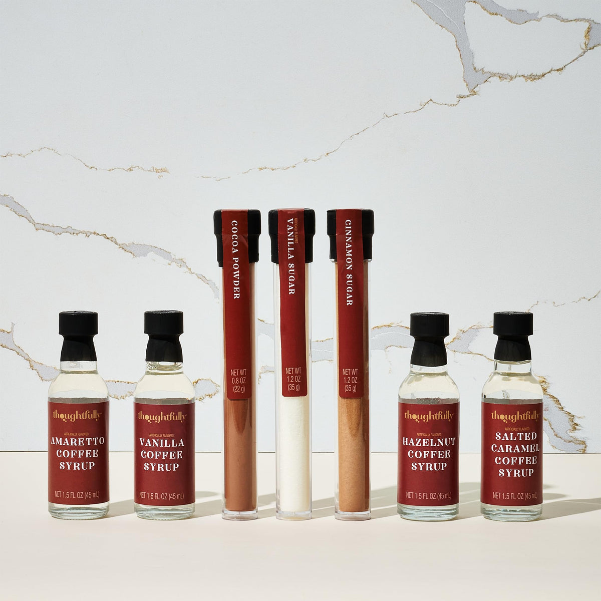 Thoughtfully Gourmet salted caramel syrup bottle offers indulgent coffee notes
