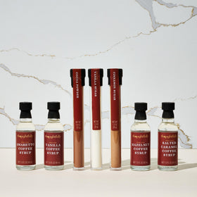 Thoughtfully Gourmet salted caramel syrup bottle offers indulgent coffee notes
