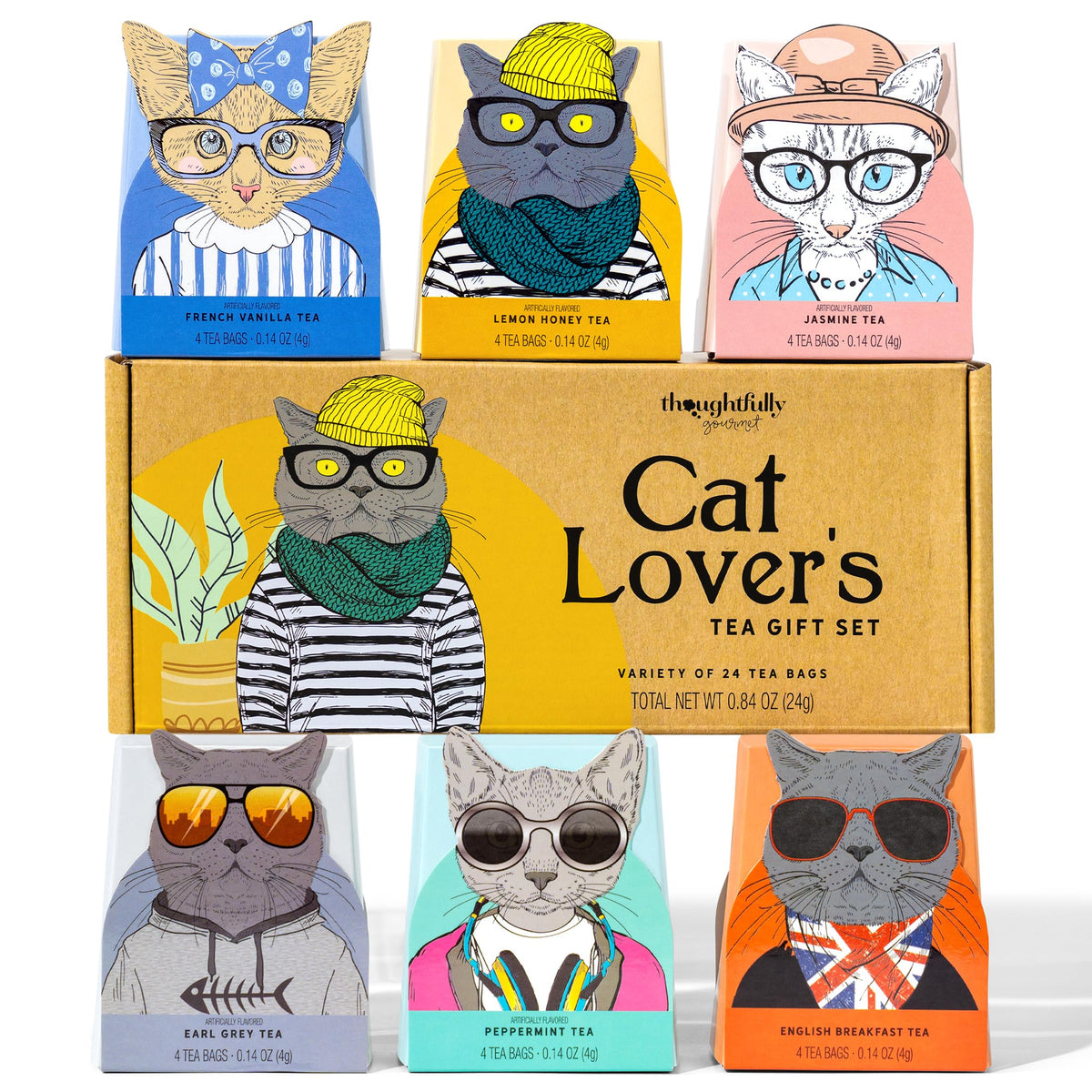 Thoughtfully Gourmet Tea Gift Set box with cat art, ideal for gifting.